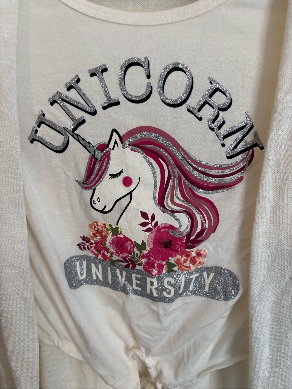 Girls Cream Unicorn Graphic Long Sleeve Top with Fringe Hem - Picture 2 of 6